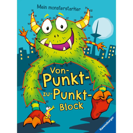 Grünes Cartoon-Monster mit Hörnern lächelt vor blauer Stadtsilhouette deutscher Text auf dem Cover.