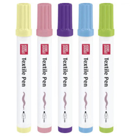 Fünf Textilstifte in Gelb, Pink, Lila, Blau und Grün stehen aufrecht nebeneinander.