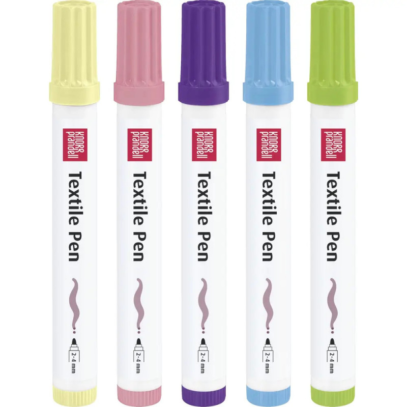 Fünf Textilstifte in Gelb, Pink, Lila, Blau und Grün stehen aufrecht nebeneinander.