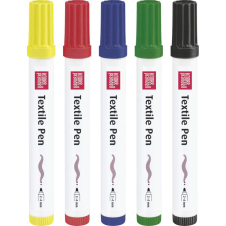 Fünf Textilstifte mit gelber, roter, blauer, grüner und schwarzer Kappe stehen aufrecht in einer Reihe.
