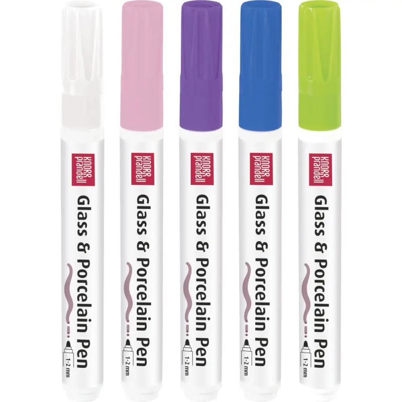 Fünf Schreibfedern aus Glas und Porzellan in Weiß, Rosa, Lila, Blau und Grün stehen nebeneinander aufrecht. Fünf Schreibfedern aus Glas und Porzellan in Weiß, Rosa, Lila, Blau und Grün stehen nebeneinander aufrecht.