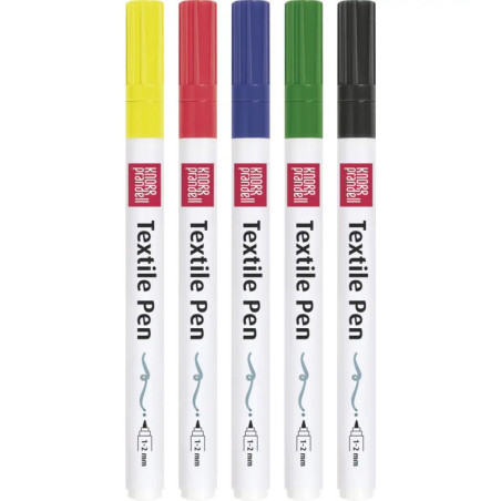 Fünf Textilstifte in Gelb, Rot, Blau, Grün und Schwarz stehen aufrecht in einer Reihe.