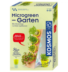 Mikrogarten-Set für Kinder: Verpackung mit Keimlingen und Pflanzenillustrationen.