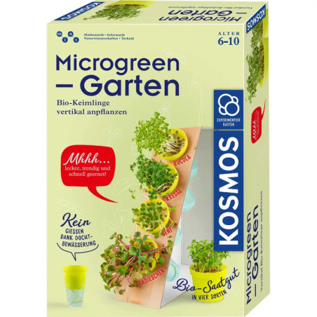 Mikrogarten-Set für Kinder: Verpackung mit Keimlingen und Pflanzenillustrationen.