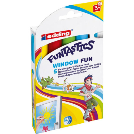 Edding Funtastics Window Fun Stifte in bunter Verpackung mit Cartoon-Motiv und Fensterzeichnung.
