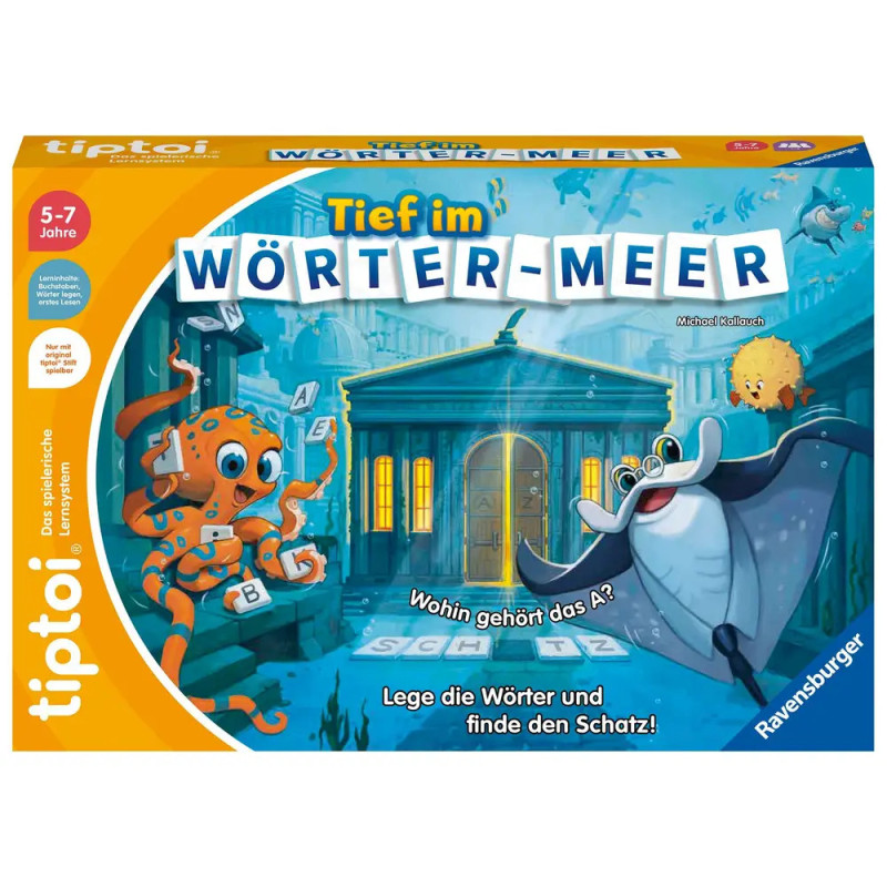 Bunte Spielschachtel von Tief im Wörter-Meer mit Comic-Meerestieren vor einem Unterwassertempel. Bunte Spielschachtel von Tief im Wörter-Meer mit Comic-Meerestieren vor einem Unterwassertempel.