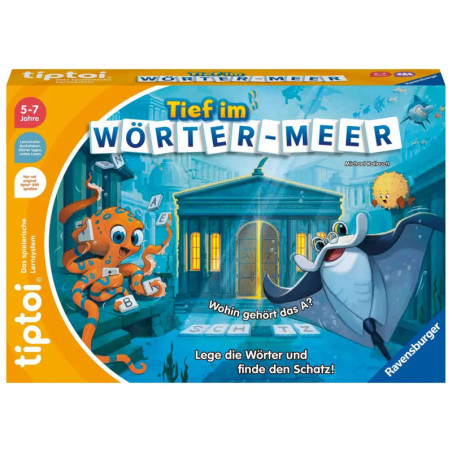 Bunte Spielschachtel von Tief im Wörter-Meer mit Comic-Meerestieren vor einem Unterwassertempel.