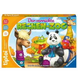 Bunte Brettspielschachtel mit strickenden Tieren in Schals, Zahlen und Matheaufgaben auf dem Cover.