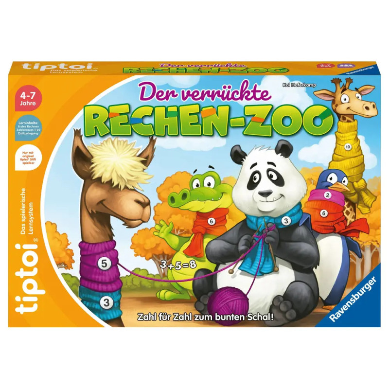Bunte Brettspielschachtel mit strickenden Tieren in Schals, Zahlen und Matheaufgaben auf dem Cover. Bunte Brettspielschachtel mit strickenden Tieren in Schals, Zahlen und Matheaufgaben auf dem Cover.