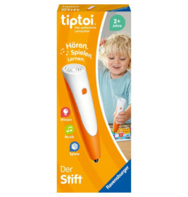 Tiptoi-Stift-Spielzeugbox mit spielendem, lachendem Kind, geeignet für Kinder ab 2 Jahren.