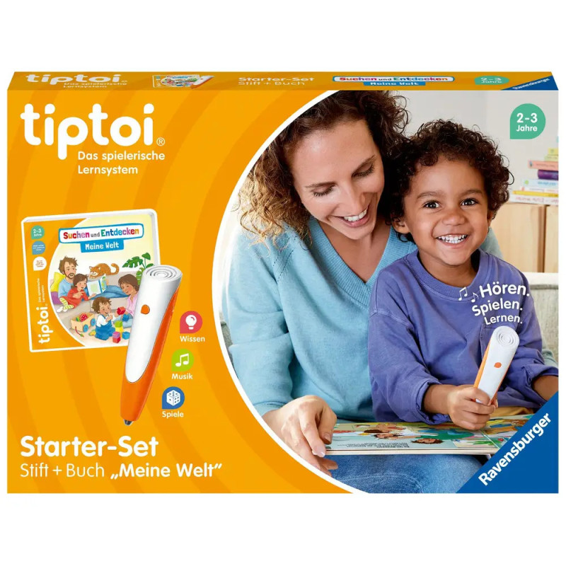 Eine Frau und ein Kind nutzen ein Tiptoi Stift- und Buchset bunte Verpackung für Kinder von 2-3 Jahren. Eine Frau und ein Kind nutzen ein Tiptoi Stift- und Buchset bunte Verpackung für Kinder von 2-3 Jahren.