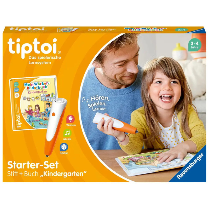 Vater und Tochter nutzen einen Tiptoi-Stift mit Buch Verpackung zeigt Starter-Set Kindergarten für 3-4 Jahre. Vater und Tochter nutzen einen Tiptoi-Stift mit Buch Verpackung zeigt Starter-Set Kindergarten für 3-4 Jahre.