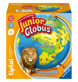 Tiptoi Junior Globus: Schachtel mit Globus, Löwe und bunten Kontinenten für Kinder von 4 bis 7 Jahren.