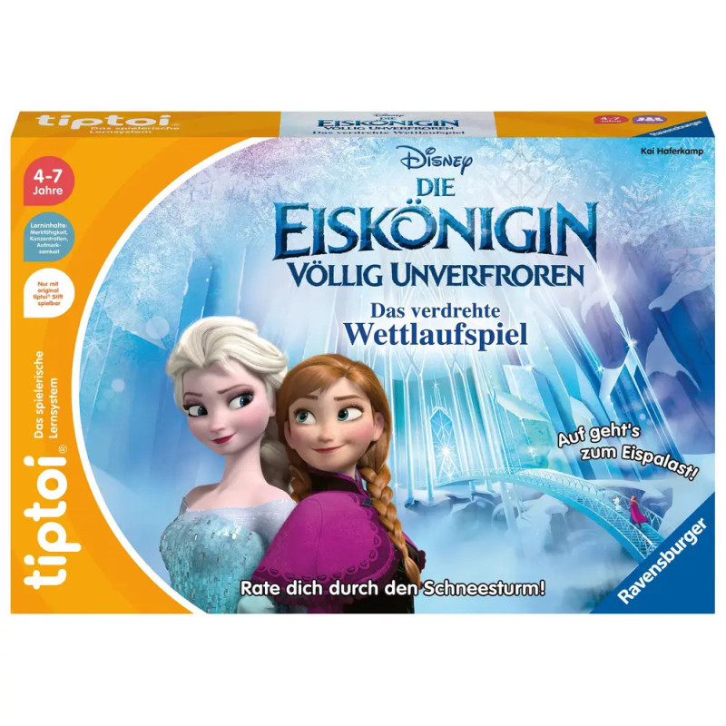 Spielschachtel mit Elsa und Anna aus Frozen, Eispalast-Hintergrund und deutscher Werbung für das tiptoi-Brettspiel. Spielschachtel mit Elsa und Anna aus Frozen, Eispalast-Hintergrund und deutscher Werbung für das tiptoi-Brettspiel.