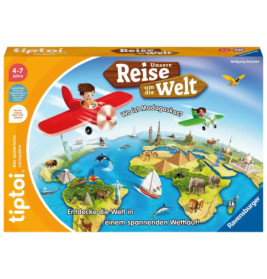 Bunte Brettspielschachtel mit Kindern, die über eine Weltkugel mit Wahrzeichen und dem Titel Reise um die Welt fliegen.