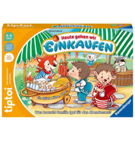 Farbenfrohe Spielschachtel mit Comic-Tieren beim Einkaufen, deutschem Text und gestreifter grüner Markise.