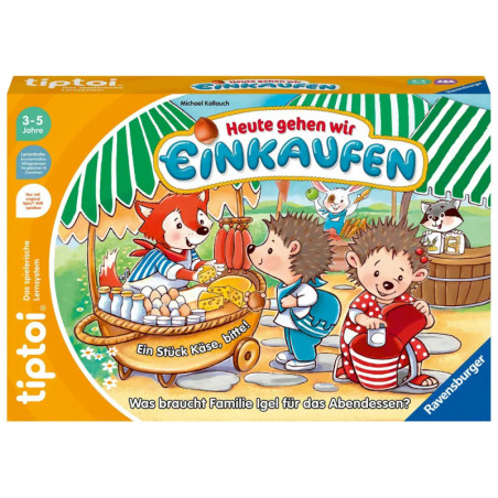 Farbenfrohe Spielschachtel mit Comic-Tieren beim Einkaufen, deutschem Text und gestreifter grüner Markise.