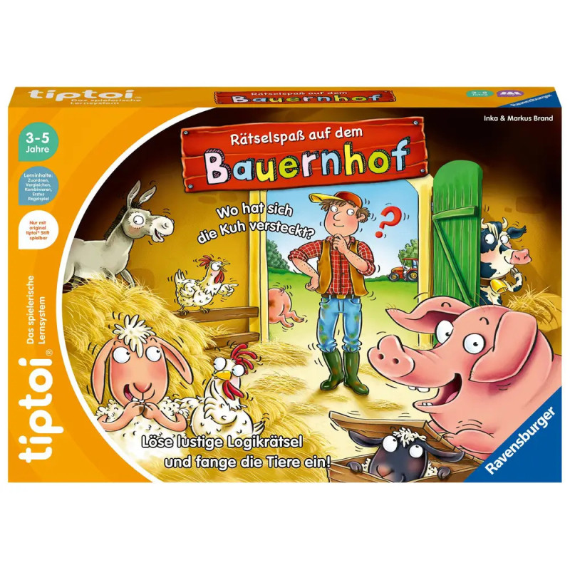Bunte Brettspielschachtel mit Bauernhofmotiv, Comic-Tieren, Bauer und verspieltem deutschen Text. Bunte Brettspielschachtel mit Bauernhofmotiv, Comic-Tieren, Bauer und verspieltem deutschen Text.