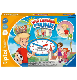 Spielschachtel mit Uhr und Kindern, die das Ablesen der Zeit lernen. Titel: Wir lernen die Uhr.