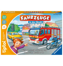Kinderspiel-Schachtel mit einem Feuerwehrauto auf einer Stadtstraße und einem freudig zeigenden Kind.