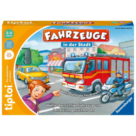 Kinderspiel-Schachtel mit einem Feuerwehrauto auf einer Stadtstraße und einem freudig zeigenden Kind. Kinderspiel-Schachtel mit einem Feuerwehrauto auf einer Stadtstraße und einem freudig zeigenden Kind.
