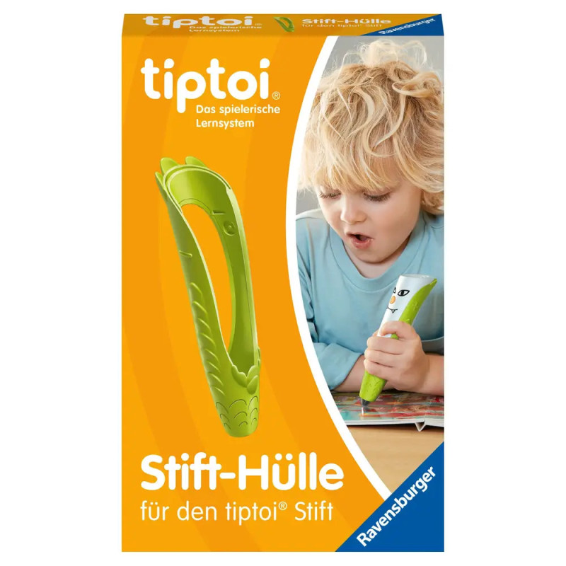 Ein Kind nutzt einen tiptoi-Stift, daneben zeigt die Verpackung einen grünen Stiftaufsatz und den deutschen Produktnamen.