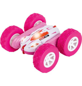 Ein pinkfarbenes Spielzeugauto mit Rädern.