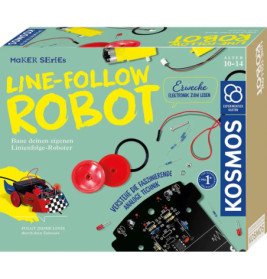 Kosmos Line-Follow Robot Bausatz für 10-14 Jahre, Box mit Bauteilen und Beispielroboter abgebildet.