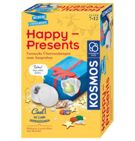 Gelbe Kosmos Happy Presents Box mit blauer Geschenk-Illustration und Ausgrabungsspielzeug im Inneren.