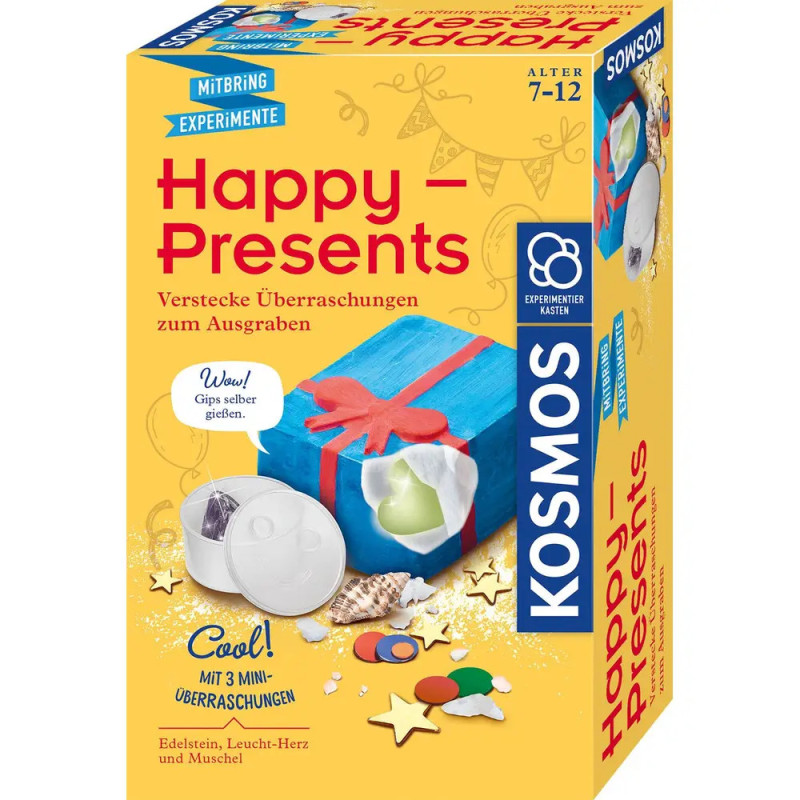 Gelbe Kosmos Happy Presents Box mit blauer Geschenk-Illustration und Ausgrabungsspielzeug im Inneren. Gelbe Kosmos Happy Presents Box mit blauer Geschenk-Illustration und Ausgrabungsspielzeug im Inneren.