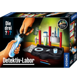 Detektiv-Labor-Set mit Reagenzgläsern, Werkzeugen und Händen beim Durchführen eines Experiments.