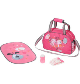 Rosa Spiel-Wickeltaschenset mit Tiermotiven, enthält Matte, Fläschchen und gemustertes Tuch.