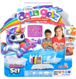Bunte Aquagelz Deluxe Set-Box mit Einhorn, zwei lachenden Kindern und Bastelzubehör auf der Vorderseite.