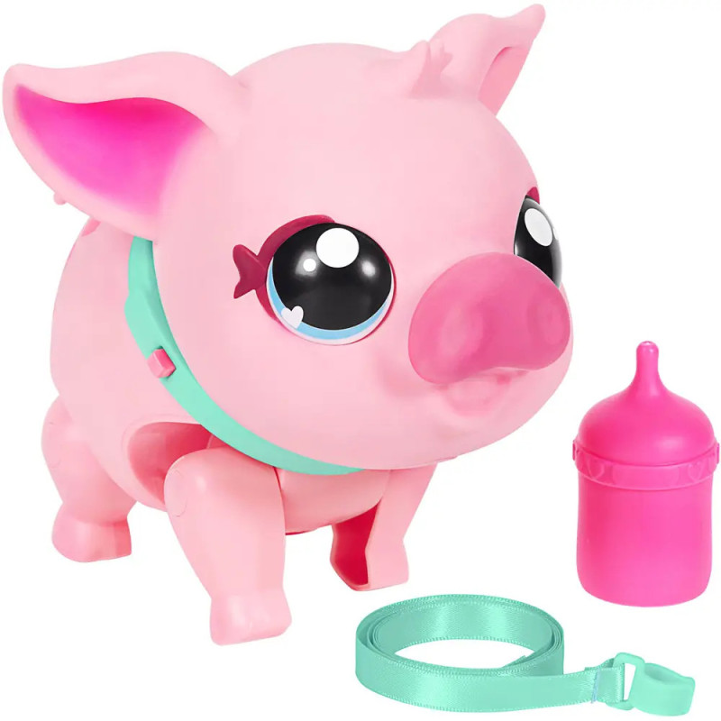 Rosa Spielzeug-Schwein mit großen Augen, türkisfarbenem Halsband, passender Leine und pinker Trinkflasche daneben. Rosa Spielzeug-Schwein mit großen Augen, türkisfarbenem Halsband, passender Leine und pinker Trinkflasche daneben.