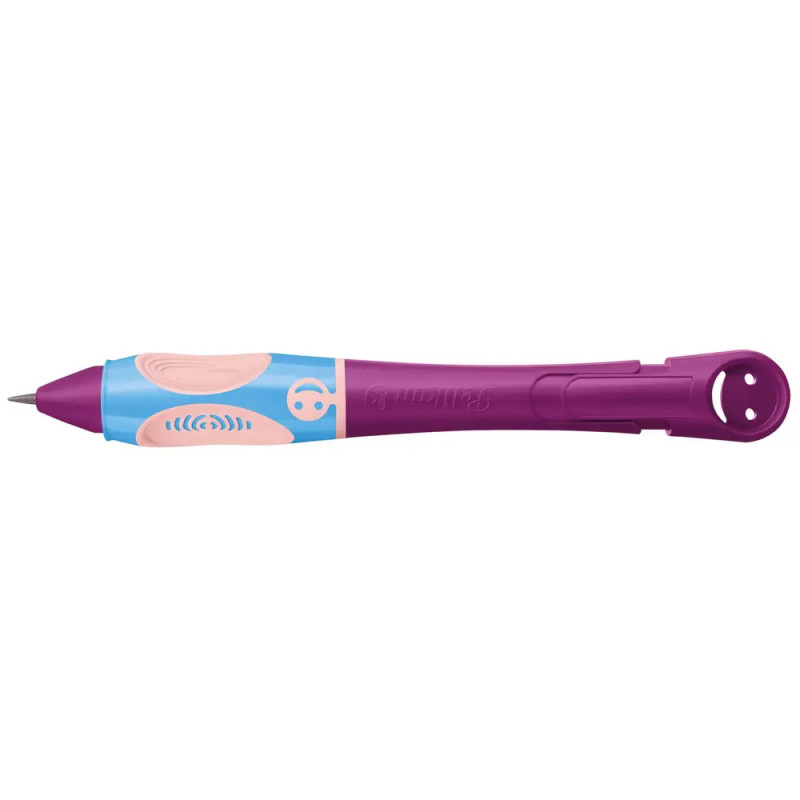 Lila-blauer Stift mit dickem, buntem Griff und verspielten, welligen pinken Mustern.