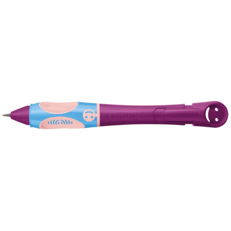 Lila-blauer Stift mit dickem, buntem Griff und verspielten, welligen pinken Mustern.