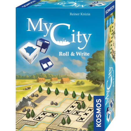 Box des Brettspiels My City: Roll & Write mit Würfeln und Landschafts-Illustration auf der Vorderseite.