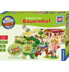 Bunte Bauernhof-Puzzlebox für Kinder mit Tieren, Scheune und spielenden Kindern im Freien.