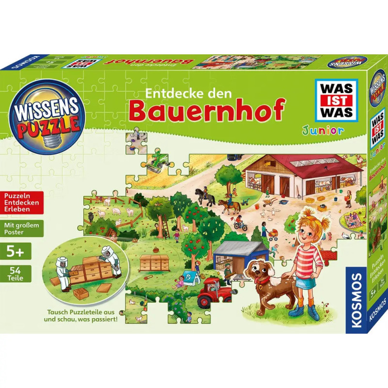 Bunte Bauernhof-Puzzlebox für Kinder mit Tieren, Scheune und spielenden Kindern im Freien.
