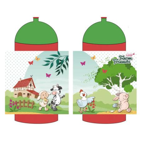 Zwei rote und grüne Flaschen mit Comic-Bauernhoftieren, Haus, Bäumen, Schmetterlingen und Farm Friends-Text.