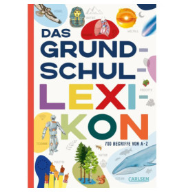 Buntes deutsches Buchcover Das Grundschullexikon mit Illustrationen zu verschiedenen Schulfächern.