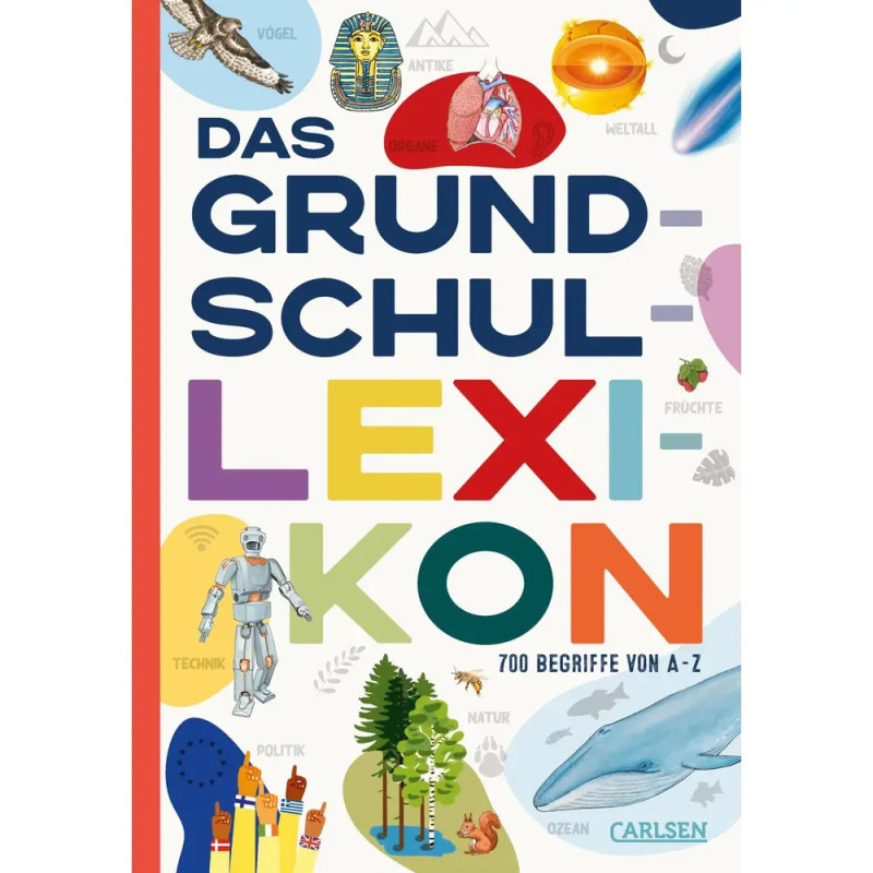 Buntes deutsches Buchcover Das Grundschullexikon mit Illustrationen zu verschiedenen Schulfächern.
