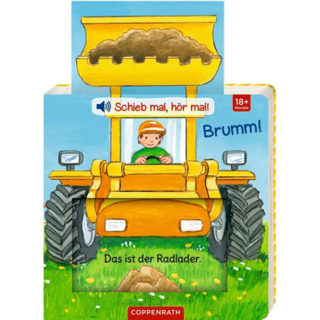 Ein Kind fährt einen gelben Frontlader mit Erde, illustriert auf dem Cover eines deutschen Kinderbuchs. Ein Kind fährt einen gelben Frontlader mit Erde, illustriert auf dem Cover eines deutschen Kinderbuchs.