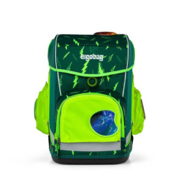 Grüner und neongelber Schulrucksack mit Blitzmustern und rundem Symbol auf der Fronttasche.