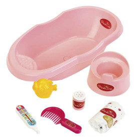 Rosa Spielzeug-Badewanne mit Zubehör: gelbe Ente, Bürste, Fernbedienung, Handtücher, Schüssel und Dosen.
