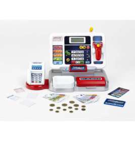 Kassen-Spielzeugset mit Scanner, Spielgeld, Münzen, Karten und Kartenleser auf weißem Hintergrund.