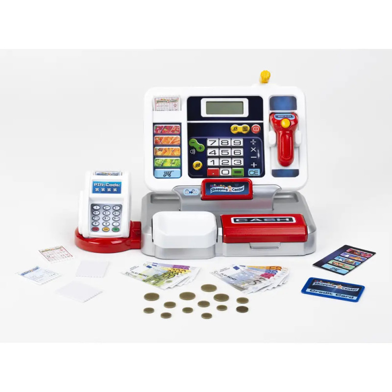 Kassen-Spielzeugset mit Scanner, Spielgeld, Münzen, Karten und Kartenleser auf weißem Hintergrund. Kassen-Spielzeugset mit Scanner, Spielgeld, Münzen, Karten und Kartenleser auf weißem Hintergrund.