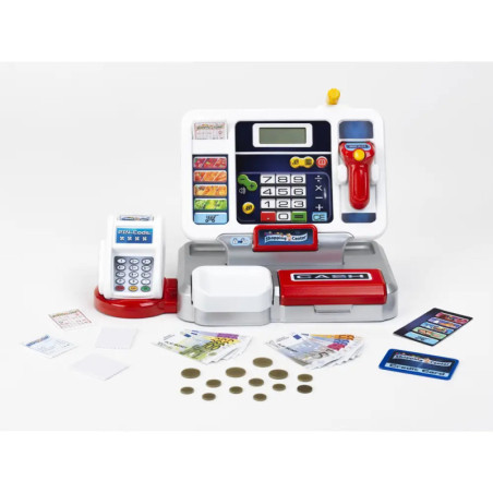 Kassen-Spielzeugset mit Scanner, Spielgeld, Münzen, Karten und Kartenleser auf weißem Hintergrund.
