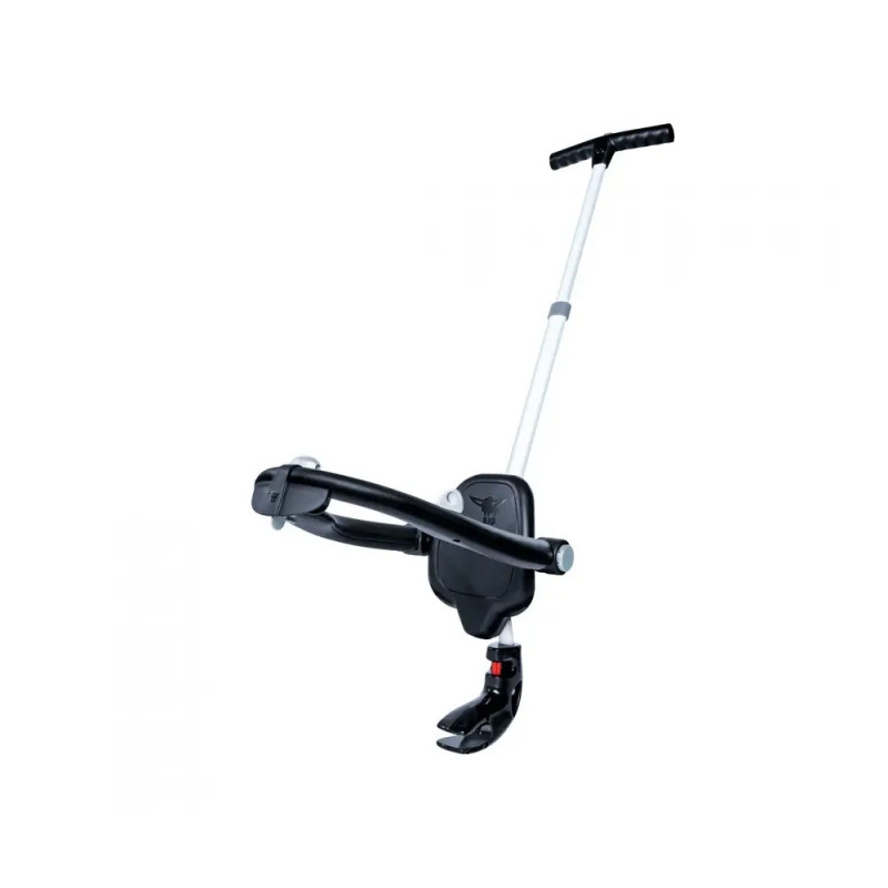 Schwarz-silberner Knie-Roller mit konturiertem Sitz, verstellbarem Griff und gepolsterter Knieauflage auf Rollen. Schwarz-silberner Knie-Roller mit konturiertem Sitz, verstellbarem Griff und gepolsterter Knieauflage auf Rollen.