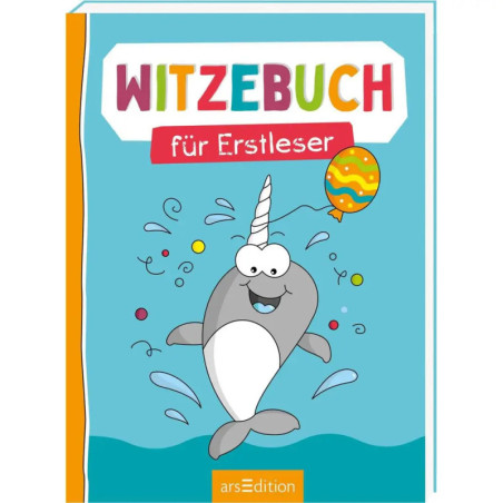 Buntes deutsches Kinderbuchcover mit fröhlichem Narwal, Ballon und dem Titel Witzebuch für Erstleser.